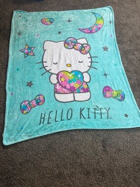 Hello Kitty Turquoise Blanket with Rainbow Heart Accents
